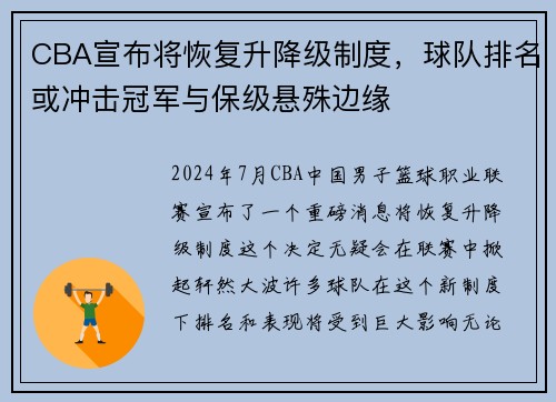 CBA宣布将恢复升降级制度，球队排名或冲击冠军与保级悬殊边缘